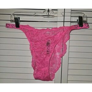 Victorias Secret Brazilian Panty Floral Lace Sheer Pink Rhineston Hearts Lrg NWT
